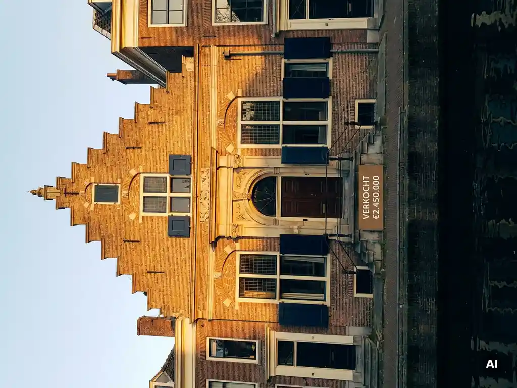 Amsterdams grachtenpand met honingkleurige bakstenen gevel, sierlijke topgevel en verkocht-bordje bij de historische voordeur in middaglicht.