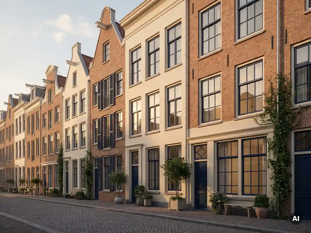 Amsterdamse grachtenpanden in De Pijp met terracotta gevels en grote ramen in zacht middaglicht op een kasseienstraat.