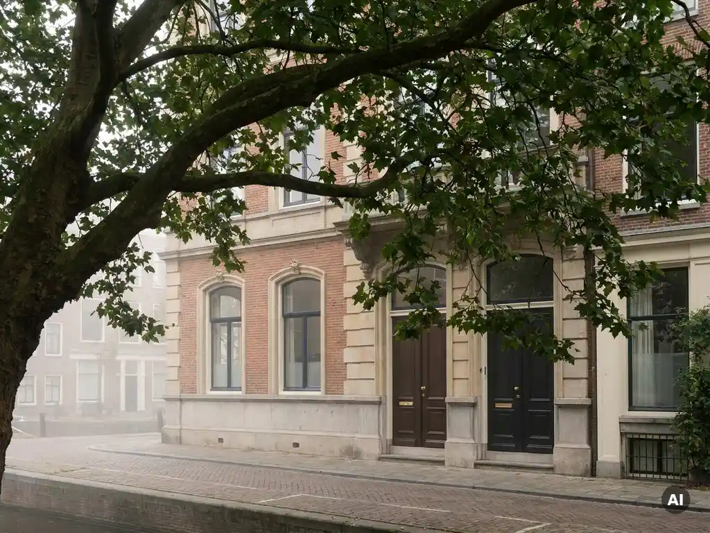 Amsterdams grachtenpand van terracottabaksteen gedeeltelijk zichtbaar achter hoge boom, gesloten voordeur met messing beslag in ochtendmist.