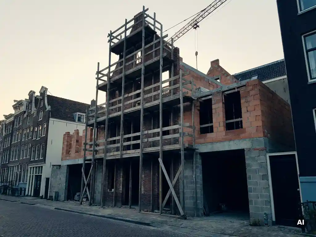 Halfafgebouwd grachtenpand in Amsterdam met ruw metselwerk, houten steigers en een kraan boven de historische daklijst van de grachtengordel.