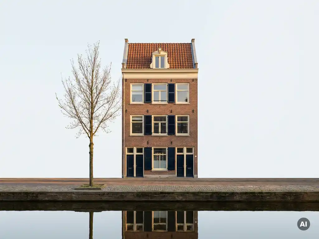 Smalle Amsterdamse grachtenpand in De Pijp met roodbruine bakstenen gevel, knotsende boom en kalme kanalreflectie in ochtendlicht.