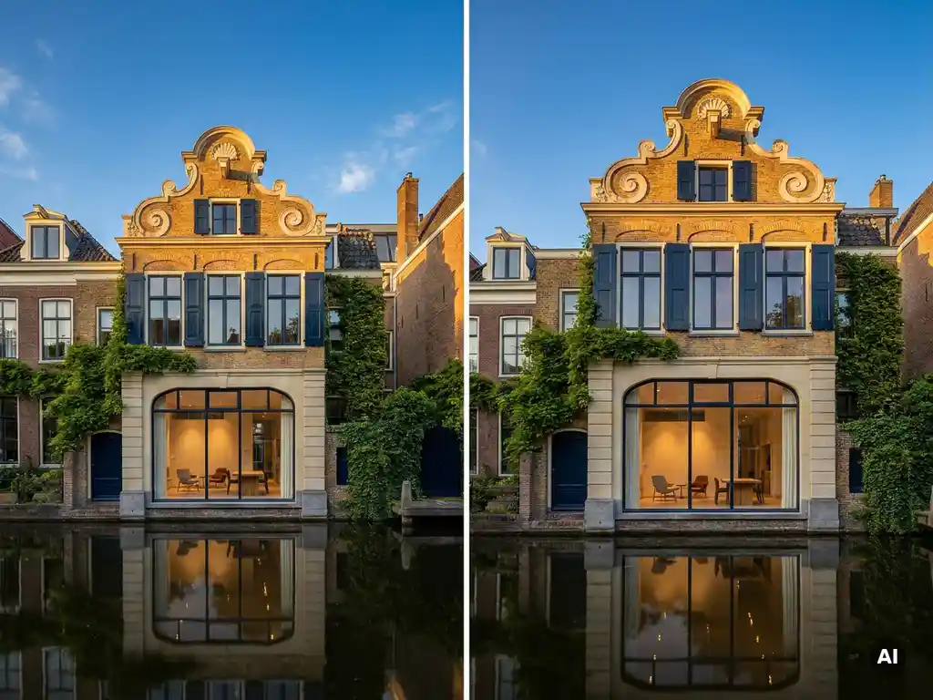 Historisch Amsterdams grachtenpand met sierlijke gevel, klimop op warme bakstenen en modern interieur zichtbaar door hoge boogvensters, weerspiegeld in het water.