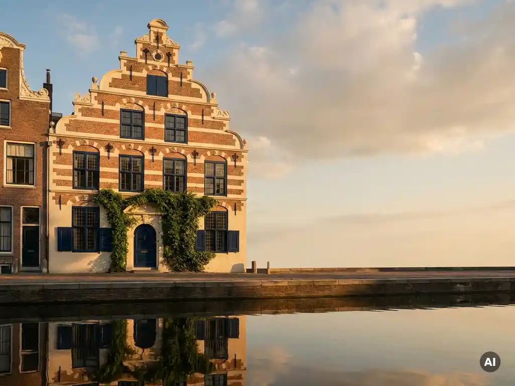 Amsterdams grachtenpand met sierlijke trapgevel en weerspiegeling in het water, verlicht door warm middaglicht op room en terracotta baksteenwerk.