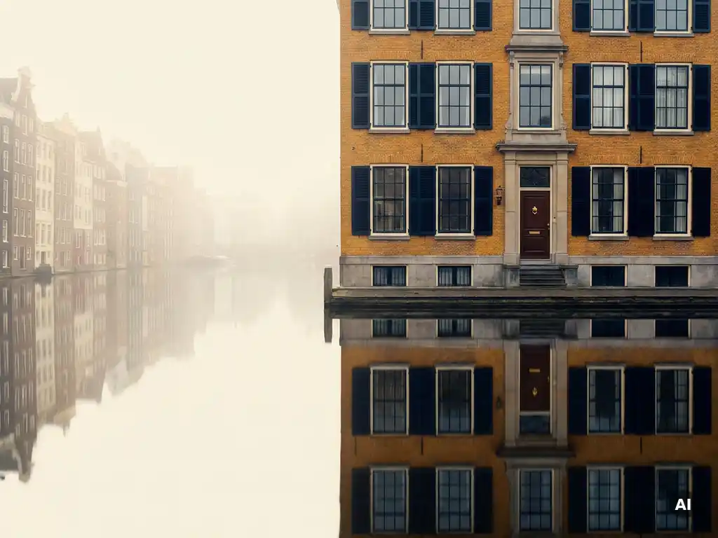 Amsterdams grachtenpand met sierlijke gevel en spiegelreflectie in het water, amberkleurig baksteen met marineblauw luiken in ochtendlicht.