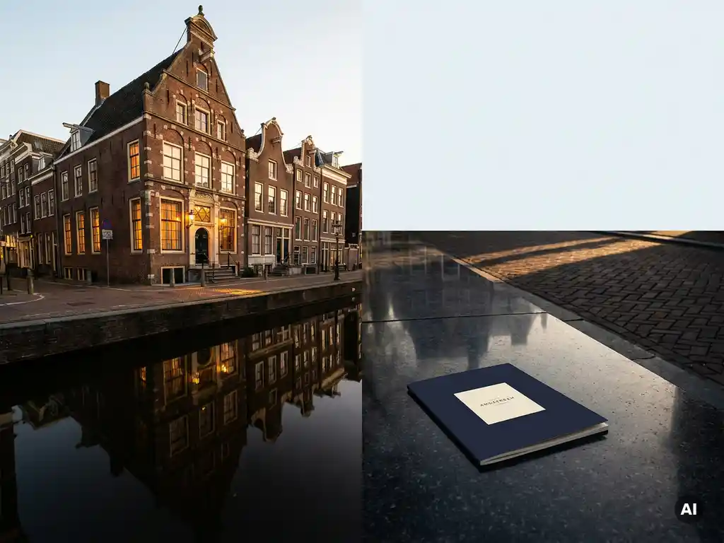 Klassiek Amsterdams grachtenpand met bakstenen gevel weerspiegeld in donker kanalwater, warm goudkleurig middaglicht.
