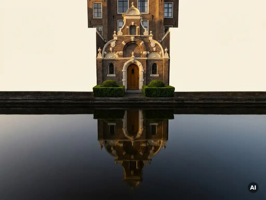 Klassiek Amsterdams grachtenpand met versierde gevel weerspiegeld in donker kanaaalwater, warm baksteenrood in avondlicht.