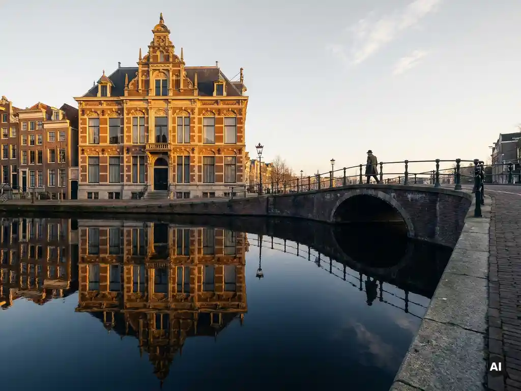 Amsterdams grachtenpand met sierlijke bakstenen gevel en hoge boogvensters in gouden middaglicht, weerspiegeld in donker kanaalwater.