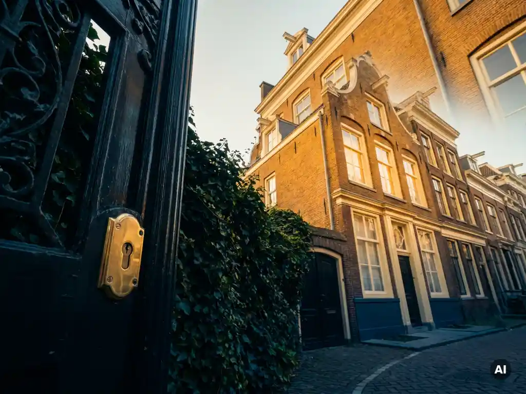 Amsterdams grachtenpand met warme bakstenen gevel, gezien door sierlijk houten hek met messingsleutelgat op voorgrond, omlijst door klimop.