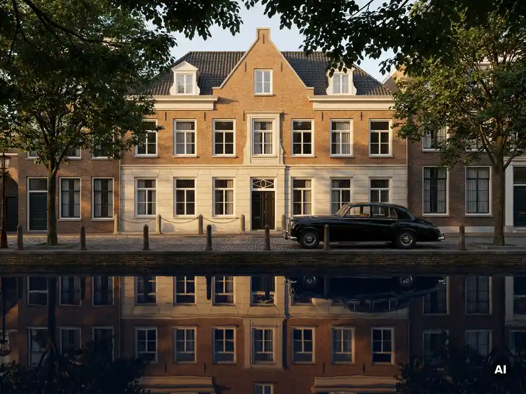 Amsterdams grachtenpand met gouden-uurlicht op bakstenen gevel, weerspiegeld in stil water, met zwarte luxeauto op keienstraatje.