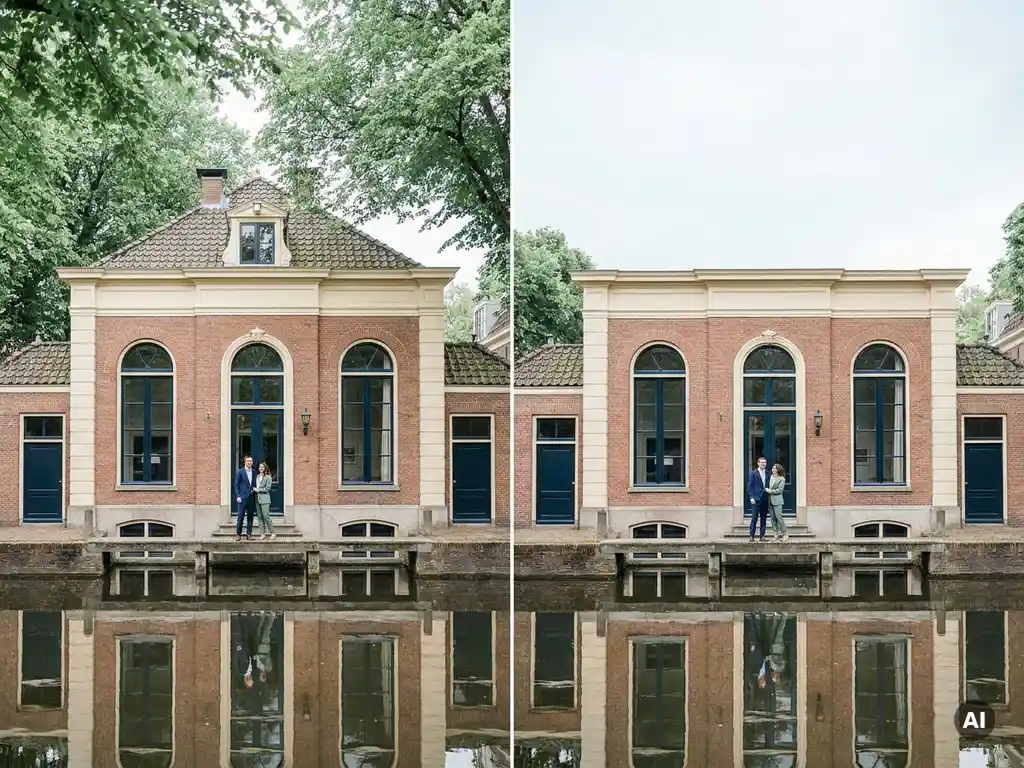 Stel op een smalle stenen brug voor een klassieke Amsterdamse grachtenpand met bakstenen gevel en boogvensters.