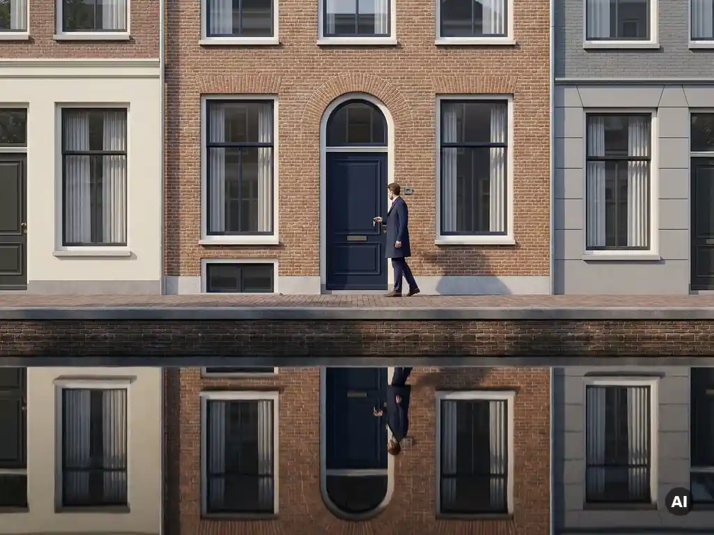 Goed geklede professional opent marineblauw deur van Amsterdams grachtenpand met bakstenen gevel weerspiegeld in het water.