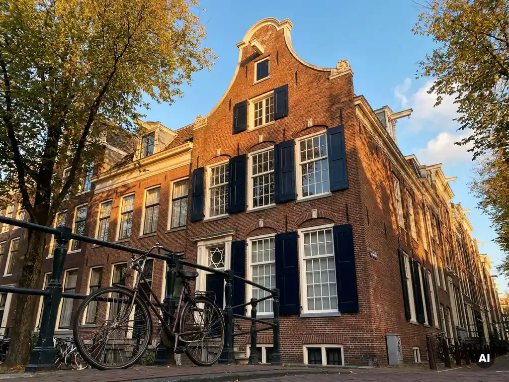 Klassieke Amsterdamse grachtenpand met rode bakstenen gevel en witte kozijnen, fiets tegen ijzeren hek in warm herfstlicht.