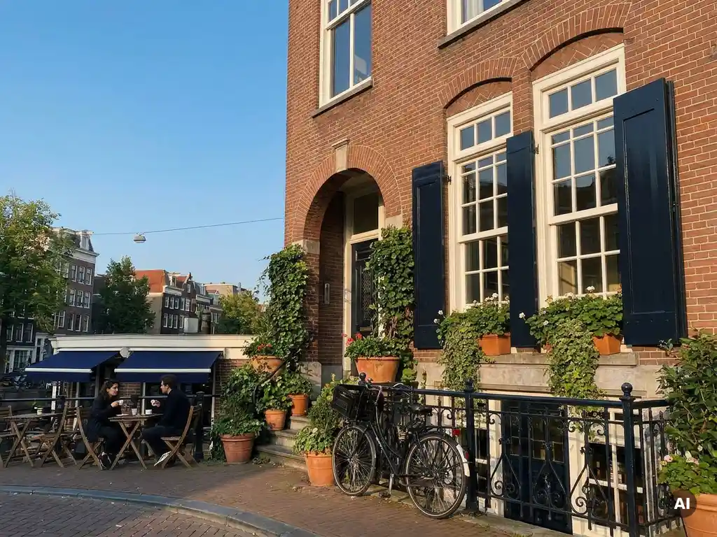 Rood bakstenen grachtenpand in De Pijp met fiets tegen ijzeren hekwerk, caféterras en weelderige planten in gouden middaglicht.