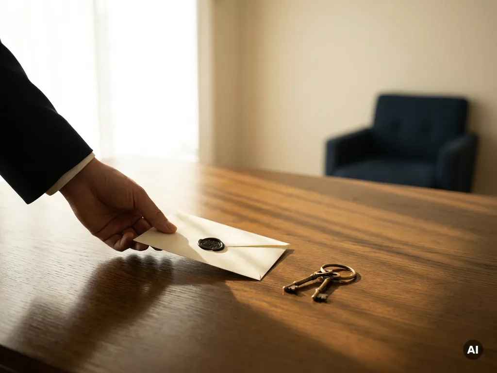 Hand die een verzegelde biedingsbrief op een eiken tafel legt, met huissleutels ernaast, in warm natuurlijk licht.