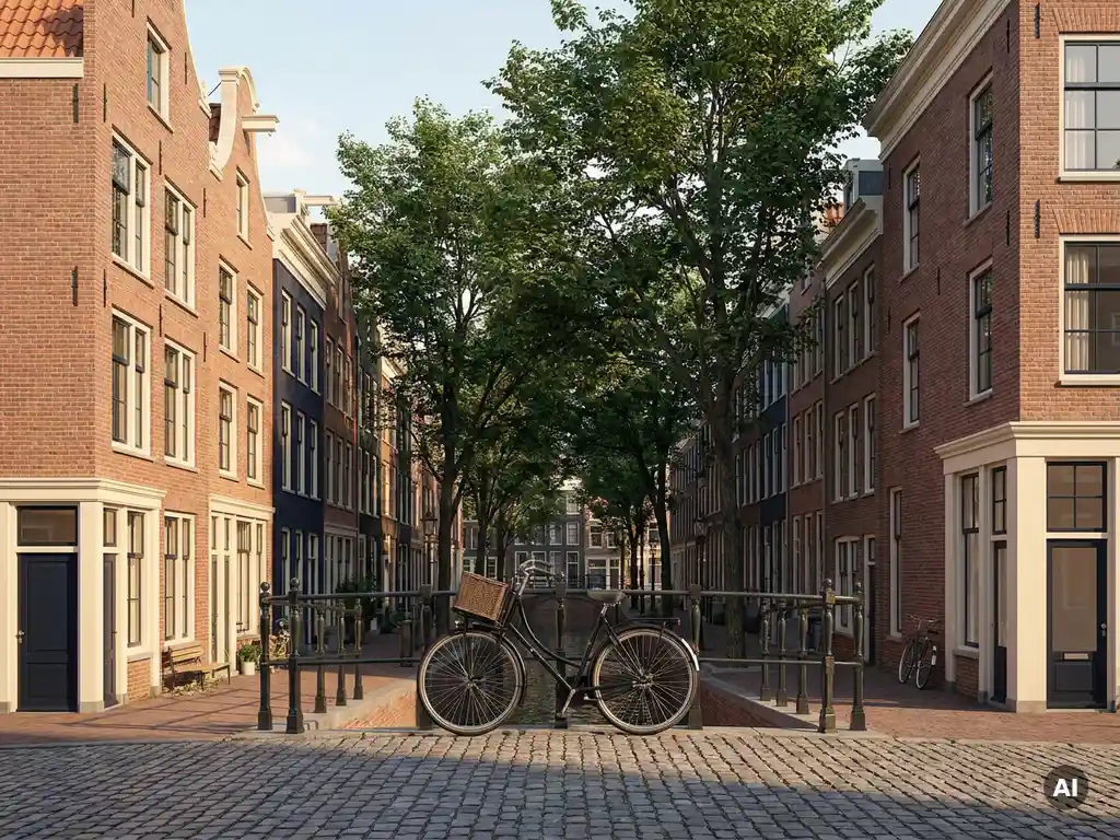 Smalle De Pijp-straat met terracotta Amsterdamse grachtenpanden, fiets tegen smeedijzeren hek, groene boomkroon in zacht middaglicht.