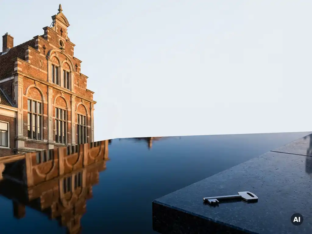 Historisch Amsterdams grachtenpand met sierlijke geveldetails en boogvensters, weerspiegeld in donker kanaalwater, met een moderne sleutel op een stenen richel op de voorgrond.