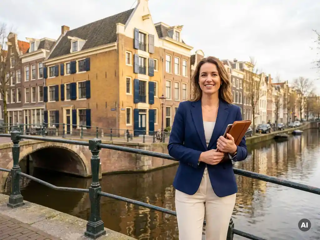 Zelfverzekerde makelaar op een Amsterdamse grachtenbrug, met historische grachtenpanden en kalm water op de achtergrond.