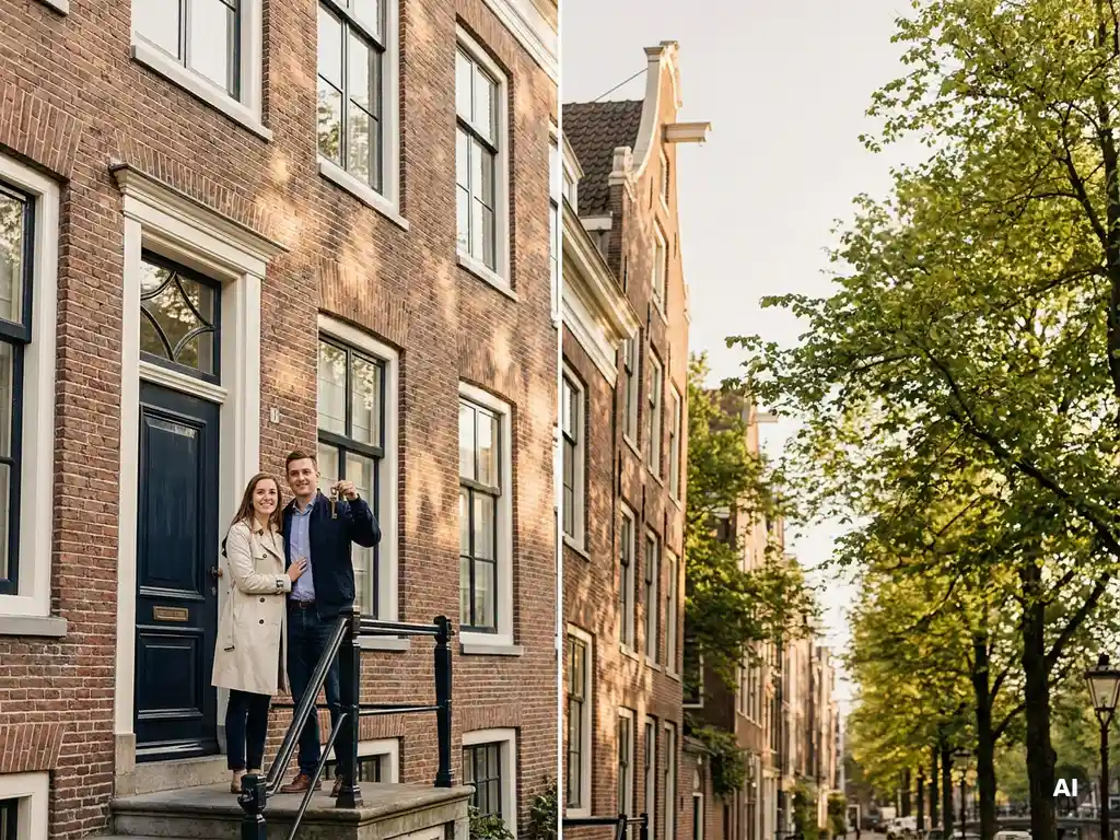 Jong stel met een messing sleutel voor de donkerblauwe voordeur van een Amsterdams grachtenpand in middagzon.