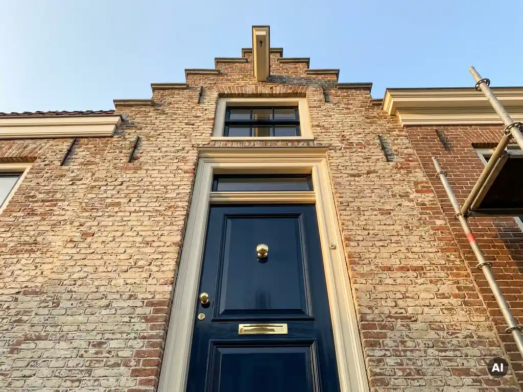Gerenoveerde marineblauw geschilderde voordeur met messing beslag aan een Amsterdams grachtenpand van rode baksteen in middaglicht.