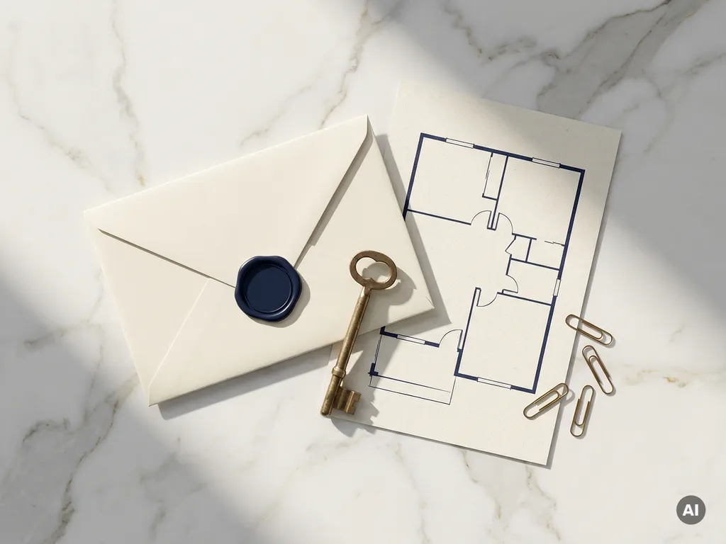 Gesloten envelop en messing sleutel op marmeren ondergrond naast een minimalistische plattegrondschets, bovenaanzicht.