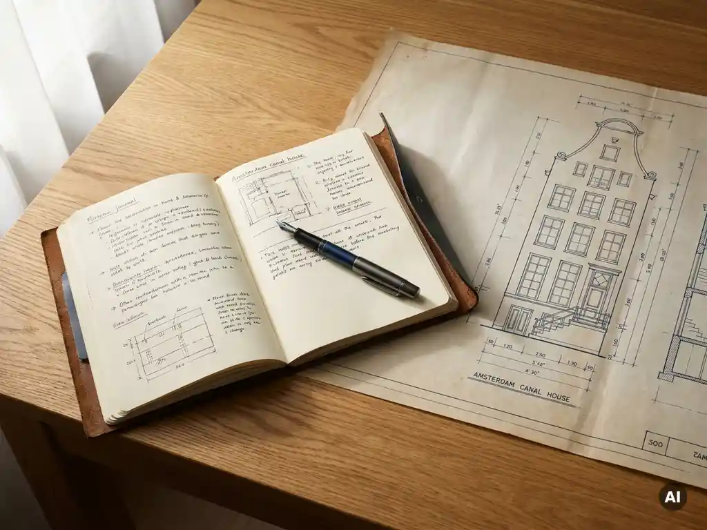 Leren notitieboek van een taxateur op eikenhouten bureau naast plattegrond van een Amsterdams grachtenpand, pen, natuurlijk licht.