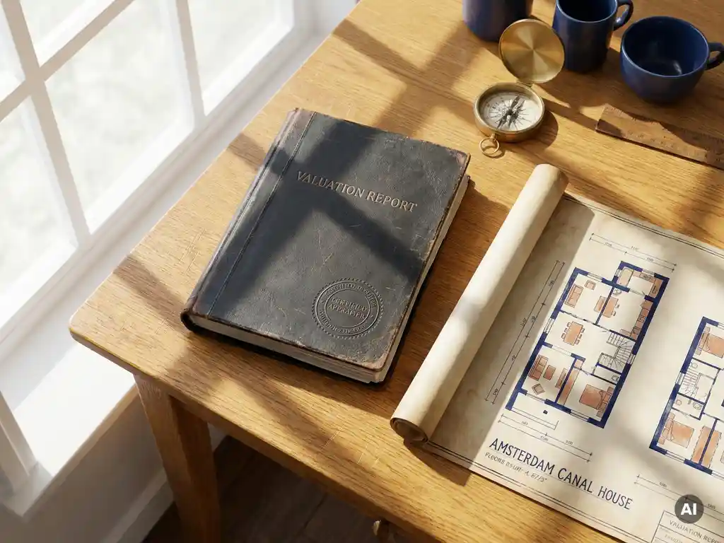 Leren taxatierapport op eikenhouten bureau naast messing kompas en plattegrond van Amsterdams grachtenpand, natuurlijk daglicht.
