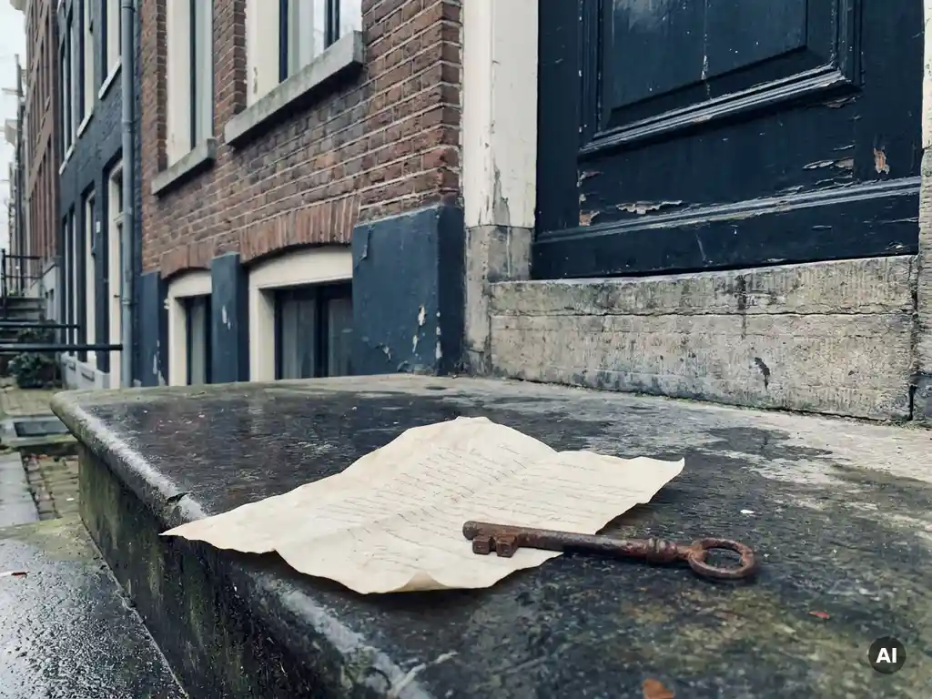 Verkreukeld huurcontract en verroeste sleutel op de verweerde stoep van een Amsterdams grachtenpand met afbladderende verf.