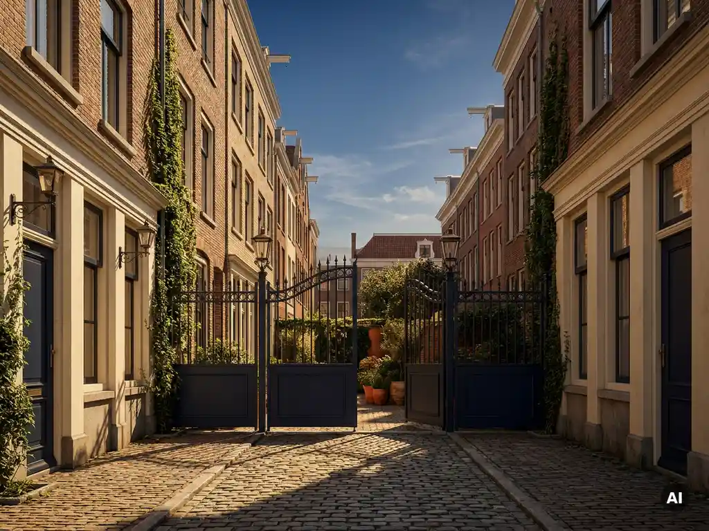 Smalle De Pijp-steeg met Amsterdamse bakstenen grachtenpanden, klimop en een verborgen binnentuintje achter een sierlijk ijzeren hek.