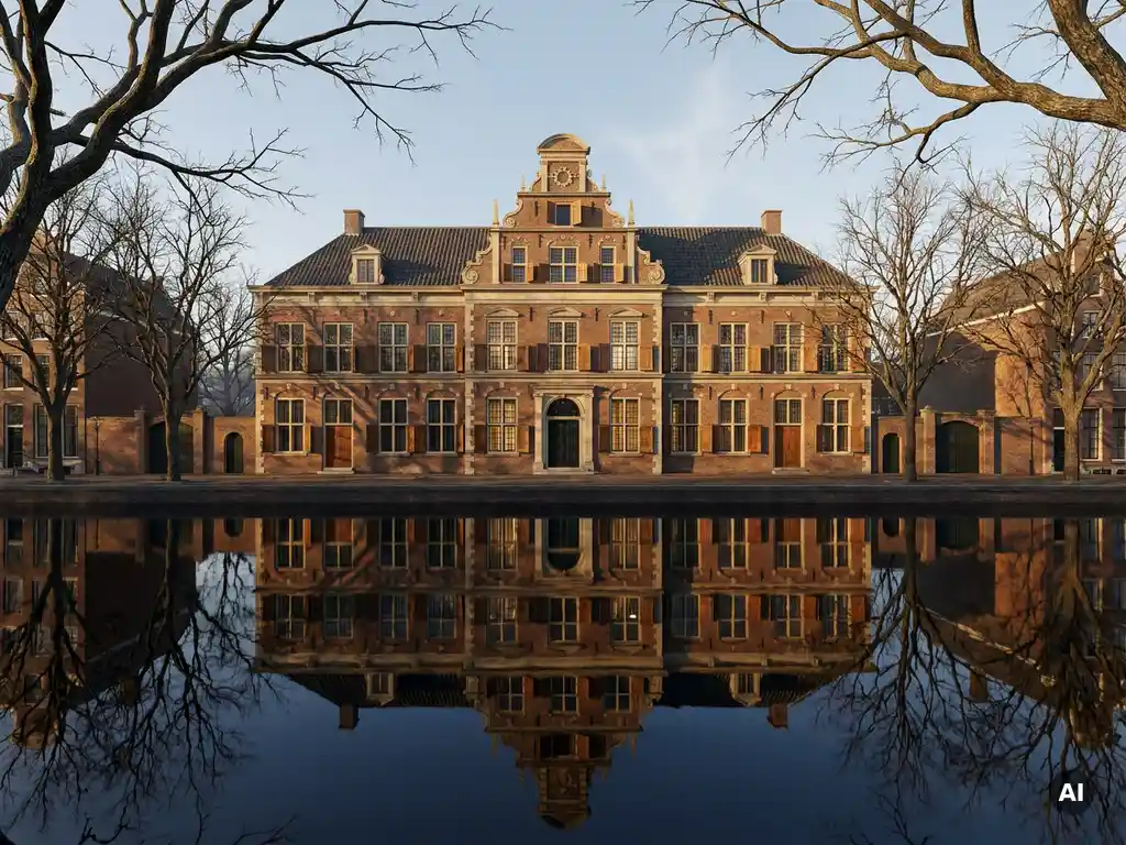 17e-eeuws Amsterdams grachtenpand met sierlijke trapgevel weerspiegeld in donker water, omlijst door kale iepentakken in middaglicht.