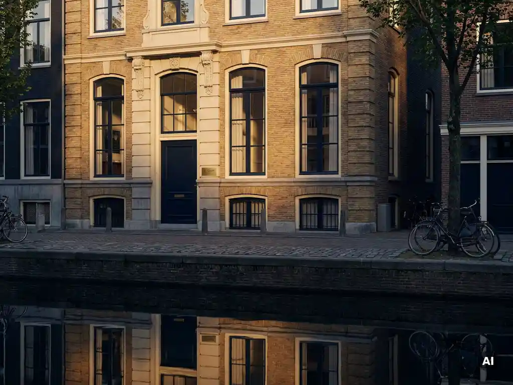 Amsterdams grachtenpand met honingkleurige bakstenen en hoge boogvensters, reflecterend in donker kanalwater, met een Te Koop-bord bij de ingang.