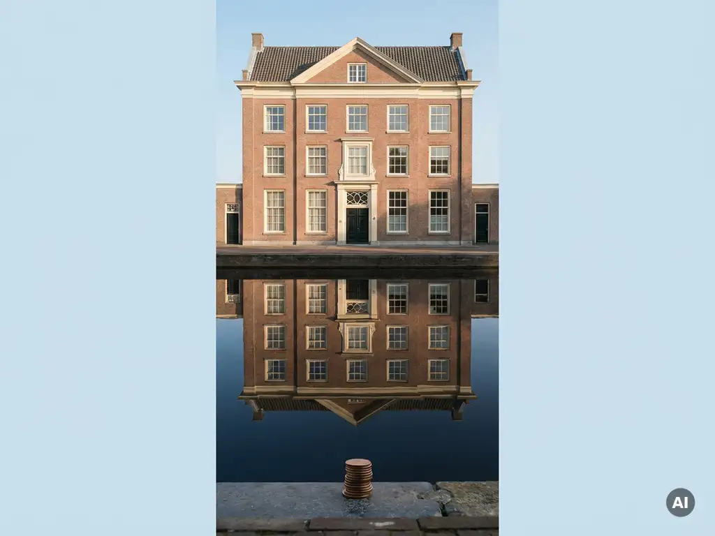 Klassiek Amsterdams grachtenpand weerspiegeld in donker water, met muntstapel op stenen richel op de voorgrond.