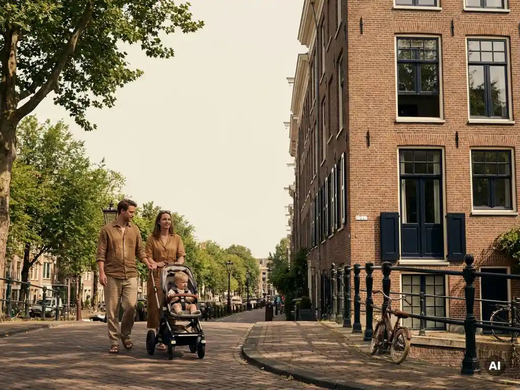 Jong gezin wandelt langs een grachtenhuisfaçade in De Pijp, Amsterdam, met kinderfietsen, platanen en kasseien in zacht middaglicht.