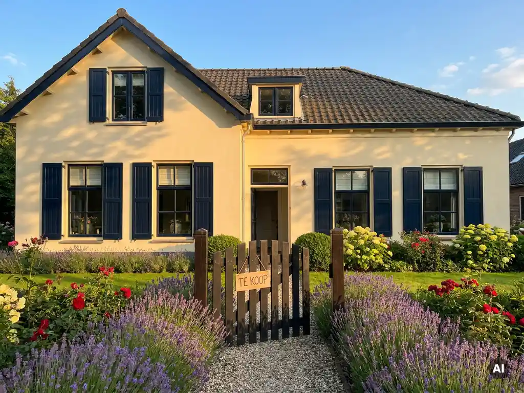 Laren villa met cremekleurige gevel in gouden middaglicht, omgeven door verzorgde voortuin met bloeiende seizoensbloemen en open tuinhek.